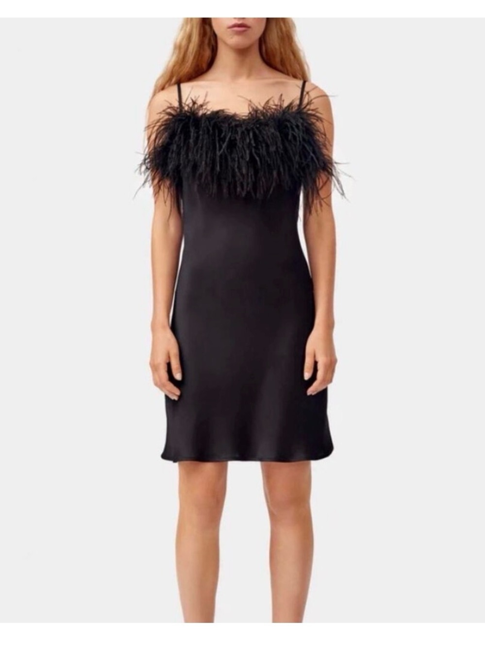 Sleeper Black Feather-Trim Mini Slip Dress